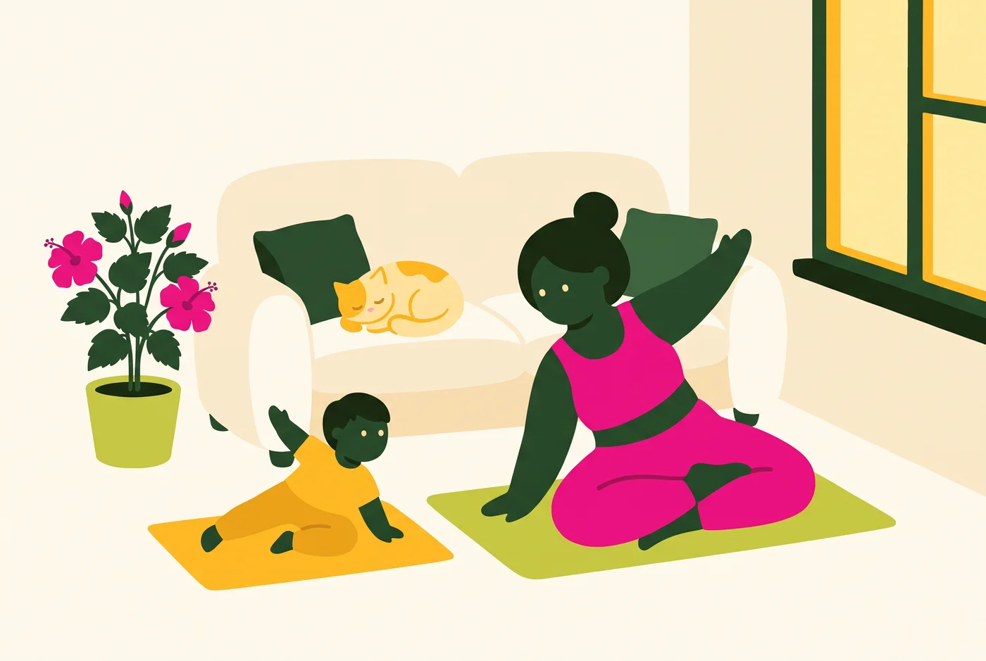 Illustration: a teacher and a child doing yoga in a cosy living room