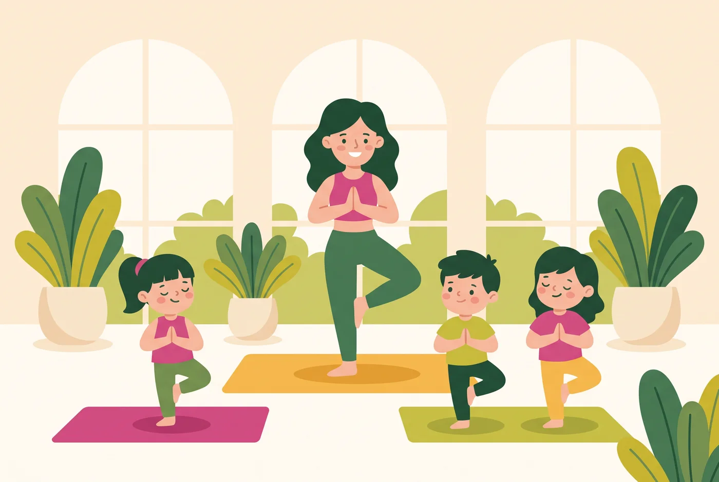 Illustration: a teacher leading a small group of children in a bright studio